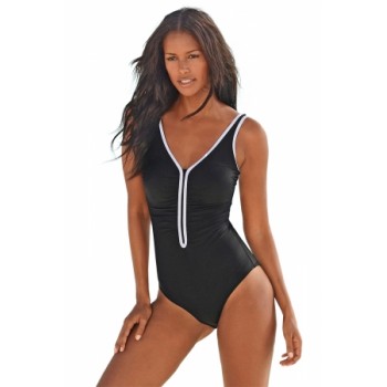 Black Sporty Swimsuit with Contrast Piping Blue